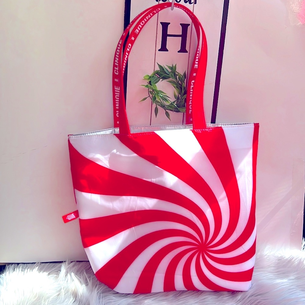 Clinique  reversible Silver Red & White Peppermint Metallic Tote Travel Bag